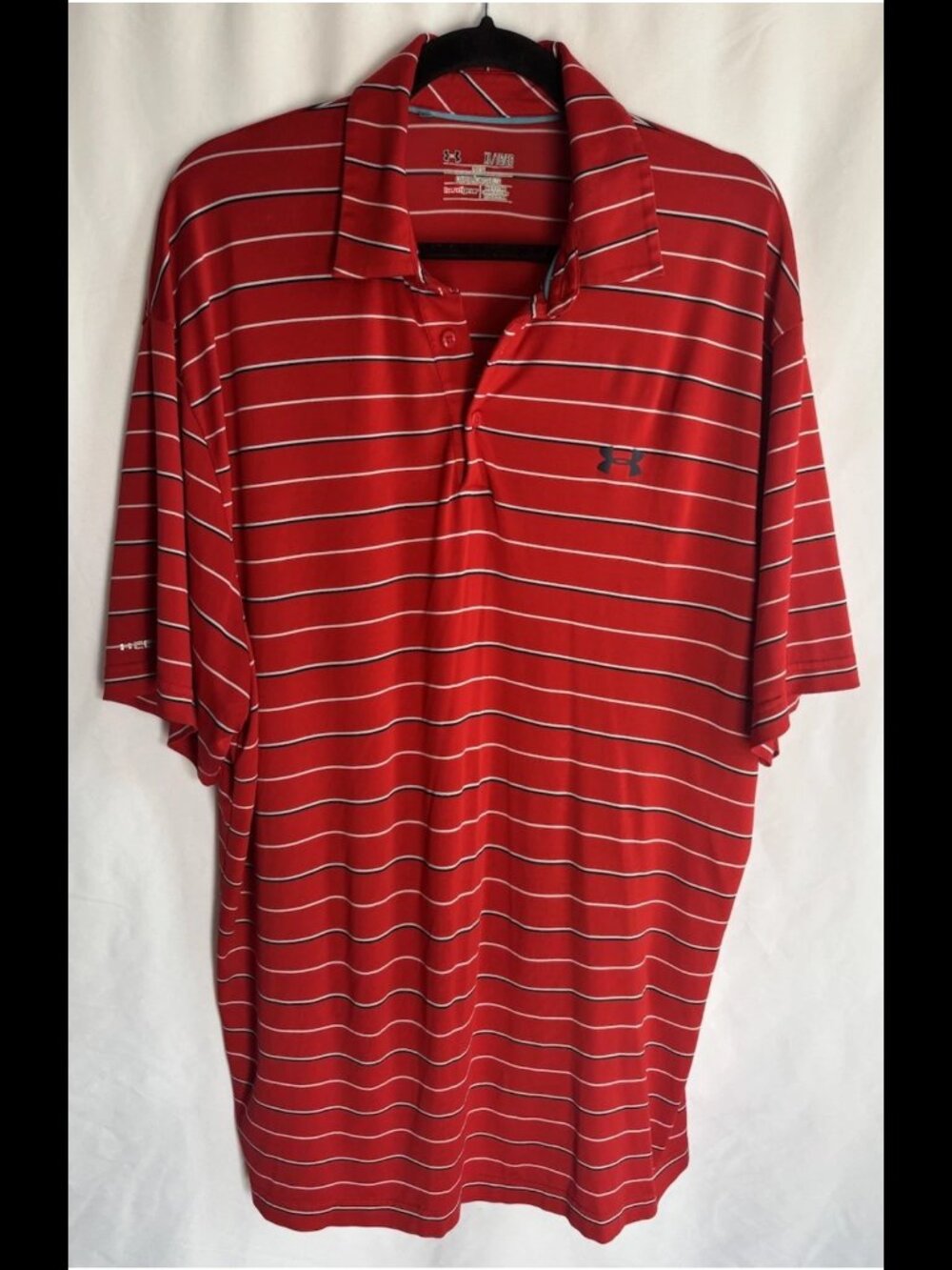 Under Armour HeatGear Polo Shirt Mens XL Loose Red White Black Pinstripe Golf